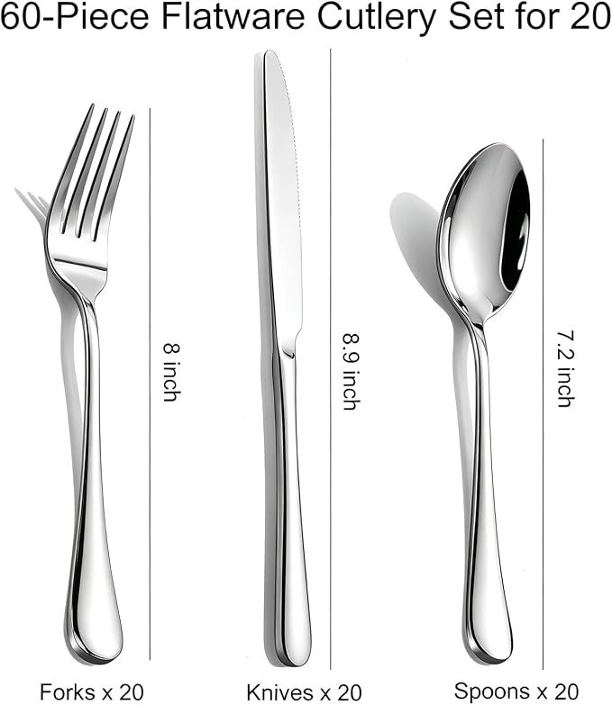 60-Piece Silverware Set for 20 - Stainless Steel Flatware Cutlery Set, Mirror Polished Flatware Set Include Forks Spoons Knives for Home Wedding Restaurant, Dishwasher Safe, Silver, 60 PCS