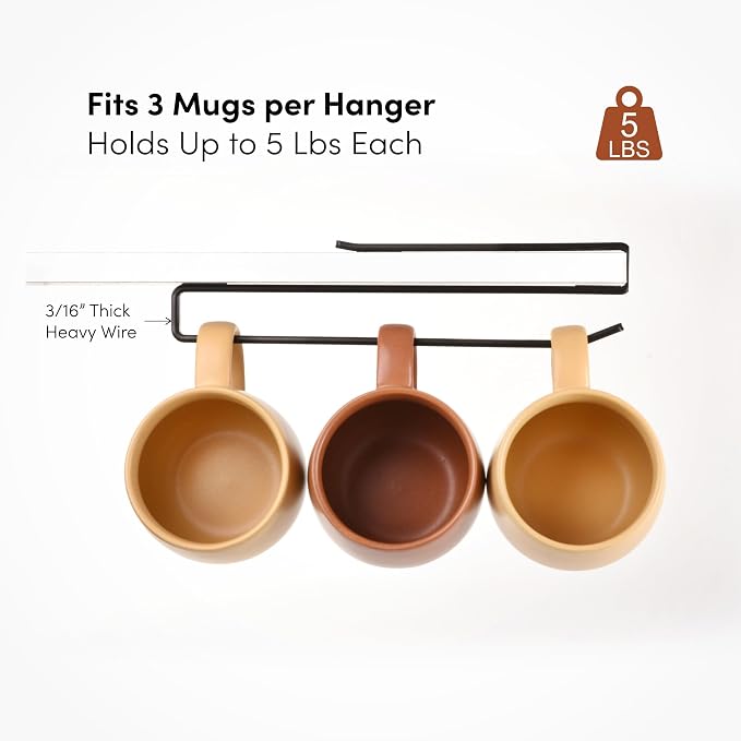 Coffee Mug Hanger for Cabinet, Clip-On Shelf, for Cups, Utensil, Tumbler Lid, Screwless Install (Pack of 6), Fits Shelves up to 3/4"