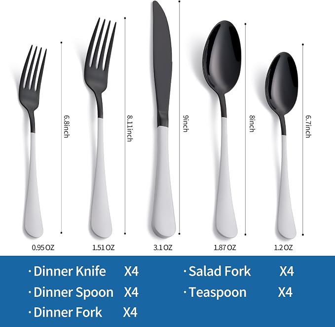 20-Piece Black Silverware Set 18/0 Stainless Steel Flatware White Handle Cutlery Set Service for 4 Dinner Knives Forks Spoons Set Mirror Finish Dishwasher Safe