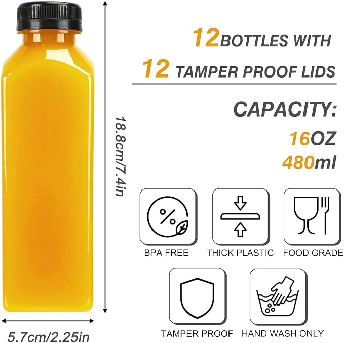 TOMNK 12pcs 16oz Plastic Juice Bottles with Caps, Sticker Labels, Brush | Reusable Clear Bottles with Lids and Labels, Funnel, Brush Beverage Containers for Juicing, Smoothies, Tea, Milk