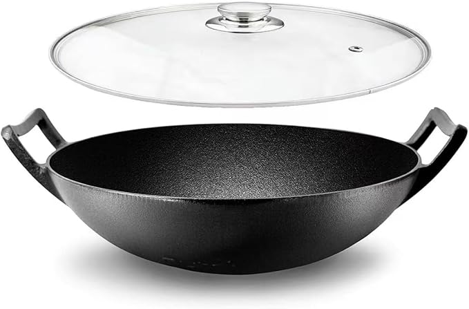 Cast Iron Wok with Lid, Cookware with Handles, Including Induction (12 inch with Lid)