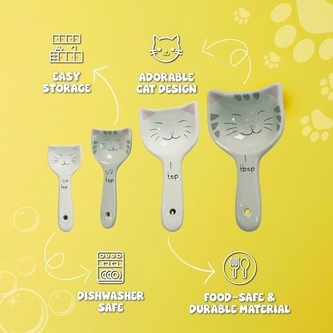 Cat Measuring Spoons Set of 4, Ceramic Baking Kitchen Gifts for Women | Decorative Themed Gifts for Cat Lovers, Cute Kitchen Accessories for Cat Mom Gifts, Functional Baking Utensils and Cat Merch