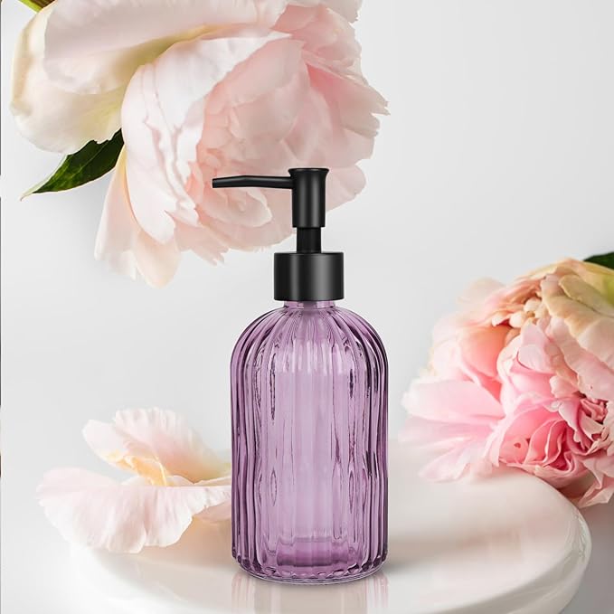 Topsky Stripe Glass Soap Dispenser with Black Plastic Pump, 400ml Liquid Hand Soap Dispenser, Rustproof Pump for Kitchen & Bathroom, Great for Lotions, Essential Oil, Liquid Soaps-Purple