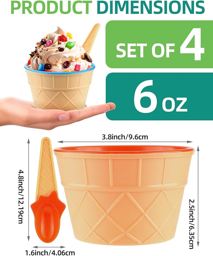4 Pack Ice Cream Bowls and Spoons Set Plastic Cups Party Favor Kids Gift | Reusable Cute Dessert Bowls Set For Birthday Parties Festive Graduation Durable Lovely Colorful DIY Frozen Yogurt Candy