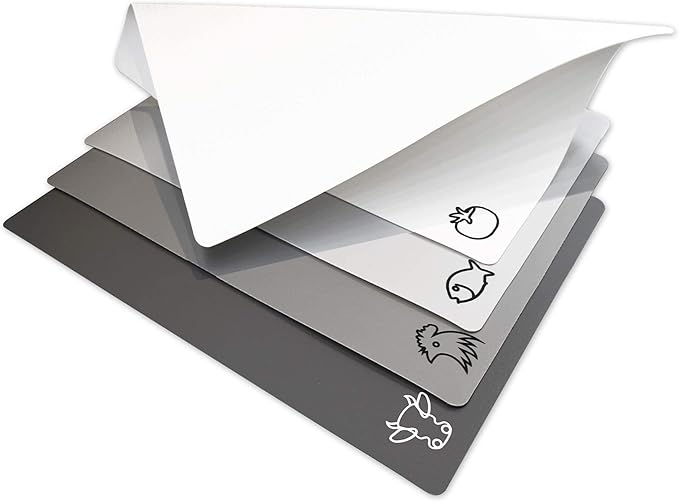 Fotouzy Plastic Cutting Boards with Food Icons, Flexible Cutting Mats, Set of 4, BPA-Free, Non-Porous, Non-slip Back and Dishwasher Safe, Modern Neutral Colors Gray