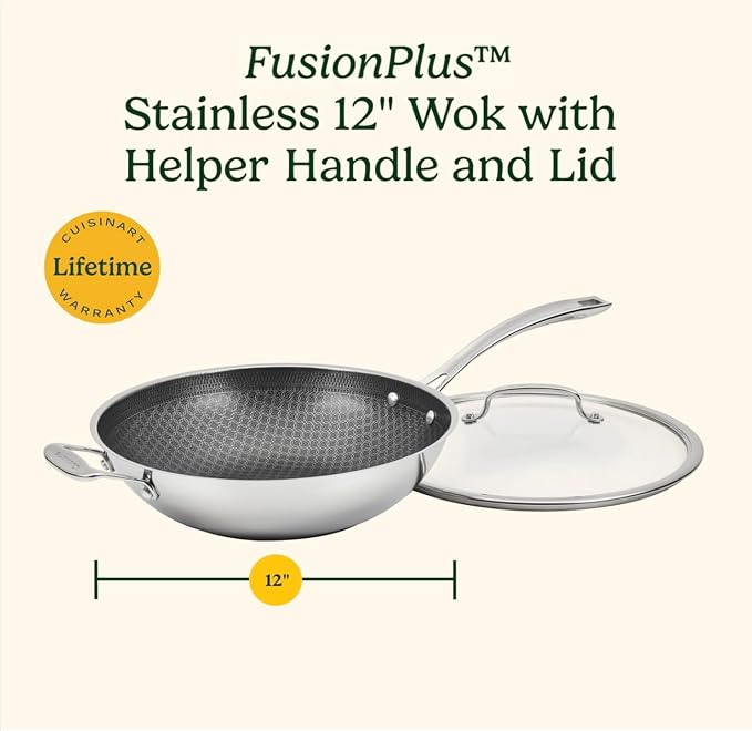 Cuisinart Wok Pan, PurelySear Hybrid, Stainless Steel, 12 Inch | Hybrid stainless steel wok with lid for stir-fry/steaming, ceramic pan, induction compatible, oven safe to 500°F, FPS26-30HC