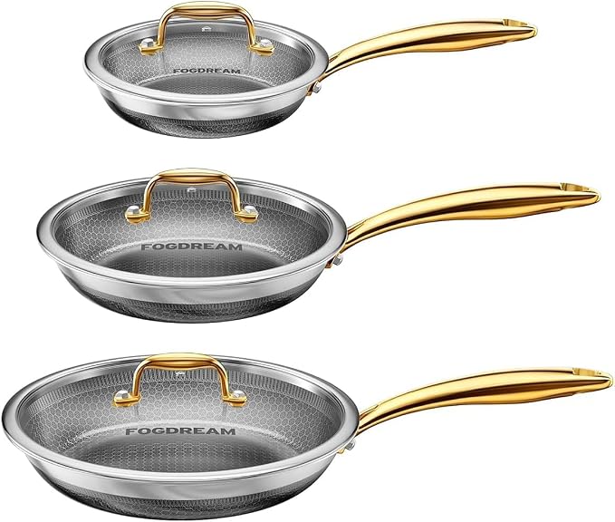 FogDream 8, 10, 12 Inch Stainless Steel Frying Pan Set with Lid, Honeycomb Hybrid Nonstick Skillet for Induction & All Cooktops, PFAS/PFOA/PTFE Free, Oven Safe 500°F, Gold