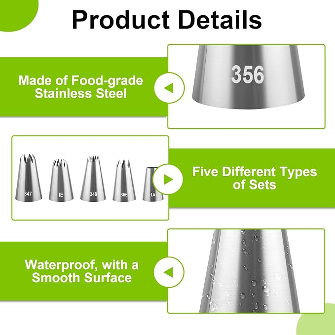 6 Pcs Large Piping Tips Set, Stainless Steel Frosting Piping Kit with 25mm Coupler, Cake Decorating Tips for Cupcakes Cookies Buttercream Flowers Pastry and Baking (1A/1E/347/348/356)