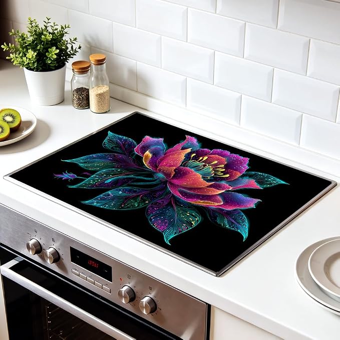 Boho Floral Stove Top Cover 28x20 Inch Glass Stove Cover | Heat Resistant Cooktop Protector Mat with Non-Slip Backing, Scratch Protection and Countertop Drying Mat.