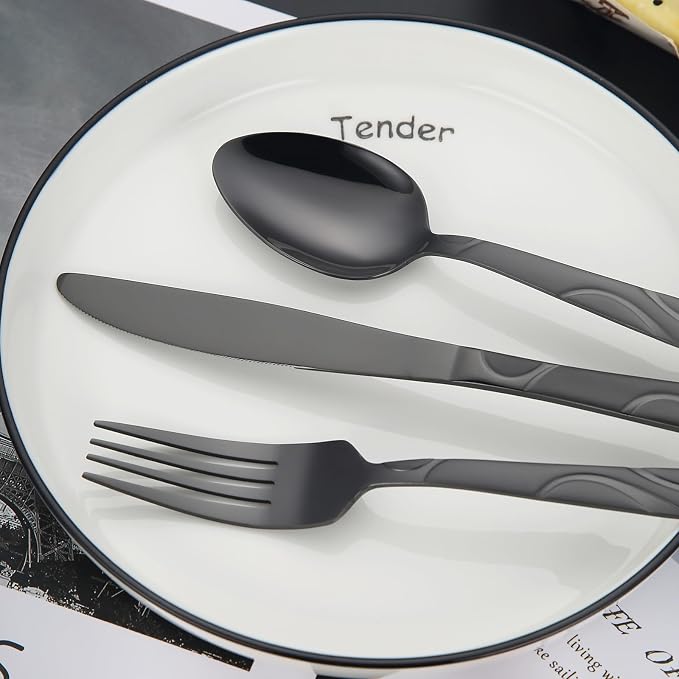 30-Piece Black Silverware Set for 6 | Grade 430 Stainless Steel Flatware Set, Cutlery Set Service for 6, includes Fork Spoon and Knife, Dishwasher Safe