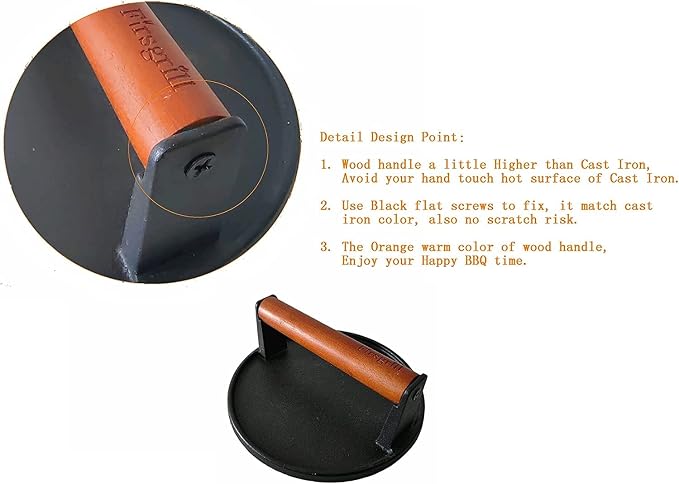 Firsgrill 2-Pack Burger Press 7.08" Round,Heavy-Duty Cast Iron Smash Burger Press Meat Steak with Wood Handle for Blackstone Camp Chef Pitboss Weber Griddle Grills (2 Round)