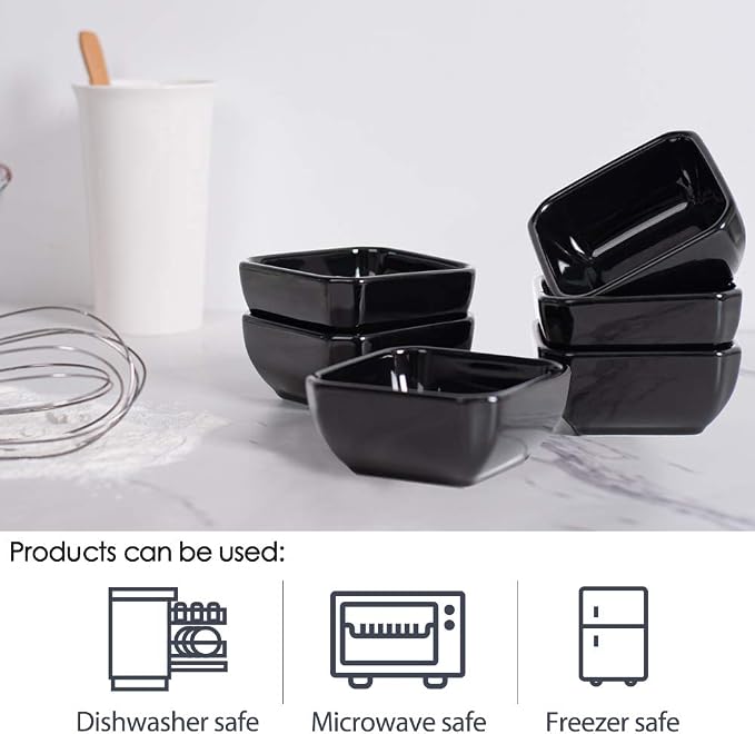 DELLING 6 Oz Square Porcelain Ramekins Set of 6, Oven Safe Creme Brulee Ramekins - Black Ceramic Souffle Dishes, Dishwasher Microwave Freezer Safe Baking Cups for Dessert Custard Pudding