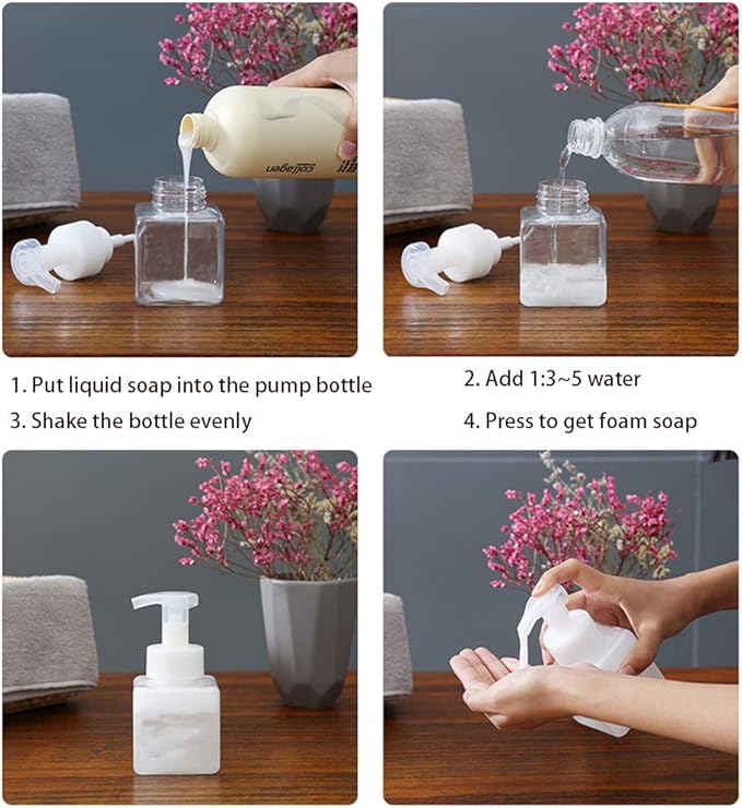 Foaming Soap Dispenser, 9oz Plastic Refillable Pump Bottle, 2 Pack, Clear | Hand Dispenser for Liquid Soap, Shampoo & Body Wash – Saves Soap with Rich Foam, Reusable, Easy to Refill, BPA-Free