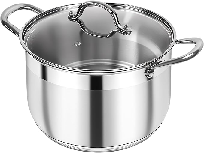 Kirecoo 12 Quart Stainless Steel Heavy Duty Stock Pot with Visible Lid | Heavy Duty, Even Heat, Thick Nonstick Base, Deep Cookware for Soup Pasta & Spaghetti, Ideal for Canning, Boiling & Simmering