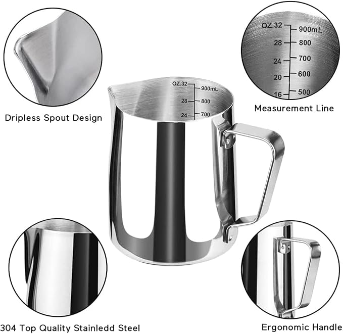 32oz Milk Frothing Pitcher, Stainless Steel Espresso Latte Cup Steaming Pitcher Creamer Cup, Milk Frother Cup Espresso Machine Accessories Barista Tools Jug for Coffee Cappuccino with Latte Art Pen