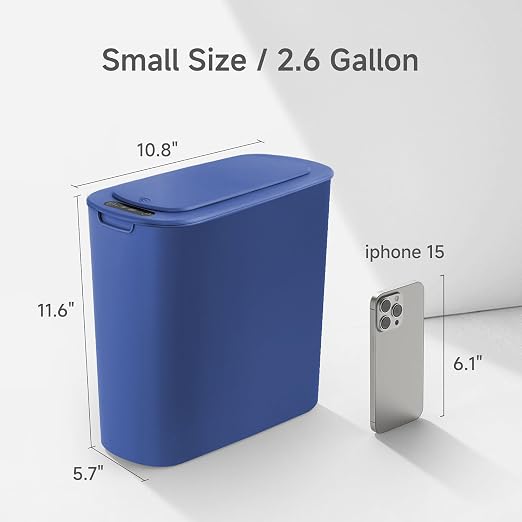 Automatic Motion Sensor Bathroom Trash Can with Lid, 2.6 Gallon Touchless Trash Bin, Smart Garbage Can Plastic Slim Wastebasket for Bedroom, Office, Dorm (Blue)