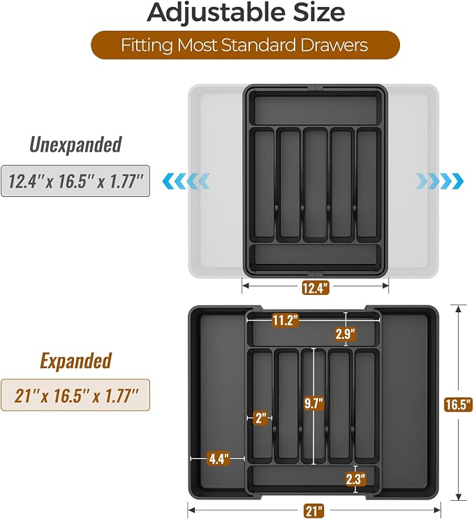 ukeetap Extra Large Expandable Silverware Organizer, Flatware Tray, Black | BPA-Free Food-Safe Kitchen Utensil Cutlery Drawer Organizer, Adjustable Silverware Holder for Spoons Forks Knives