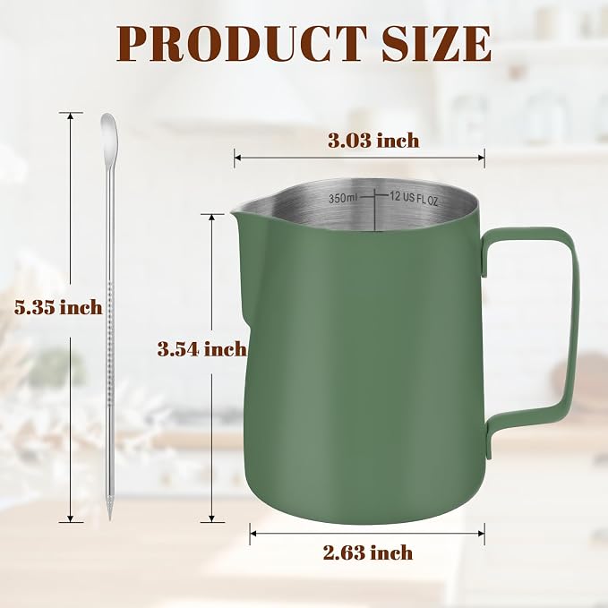 Amrules Milk Frothing Pitcher 12oz Frother Cup Barista Tools, Green | 18/8 Stainless Steel, 12oz Capacity with Clear Scale, with Decorating Pen, Ergonomic Handle, for Cappuccino, Latte & Espresso