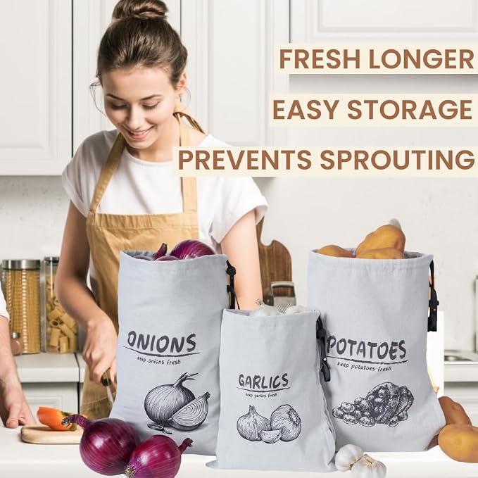 Potato Onion Garlic Storage Bag, Reusable Potato Onion and Storage Bag for Pantry, Vegetable Storage Bags with Drawstring Closure, 3 Packs (Potato Onion Garlic Bag)
