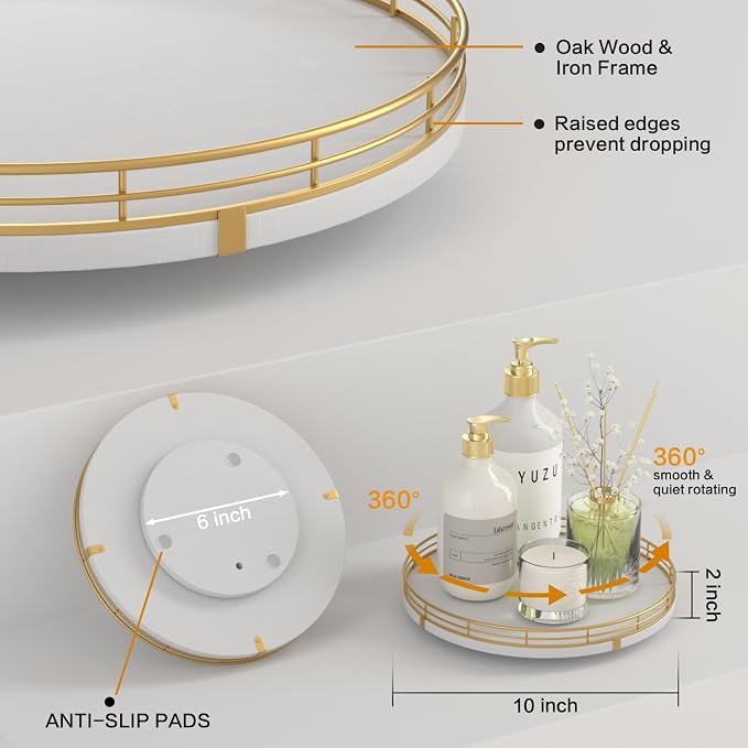 Oroyutor 10-Inch White Wooden Lazy Susan Spice Organizer with Gold Rail | Rotating oak tray organizes spices, toiletries and decor on kitchen counters, bathroom vanities, dining and coffee tables.