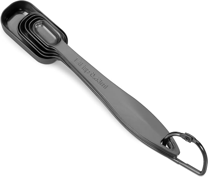 6-Piece 18/8 Stainless Steel Measuring Spoons Set, Dark Gray | Six Engraved US and Metric Sizes From 1/8 TSP to 1 Tbsp Fit Narrow Spice Jars and Stay Together On an O-shaped Ring