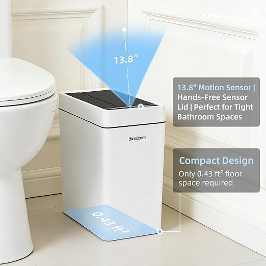 2.7 Gallon Slim Bathroom Touchless Trash Can, Automatic Smart Trash Can with Air-Press Bag Expander, Sensor Lid Waste Bin for Bedroom, Office & RV, White