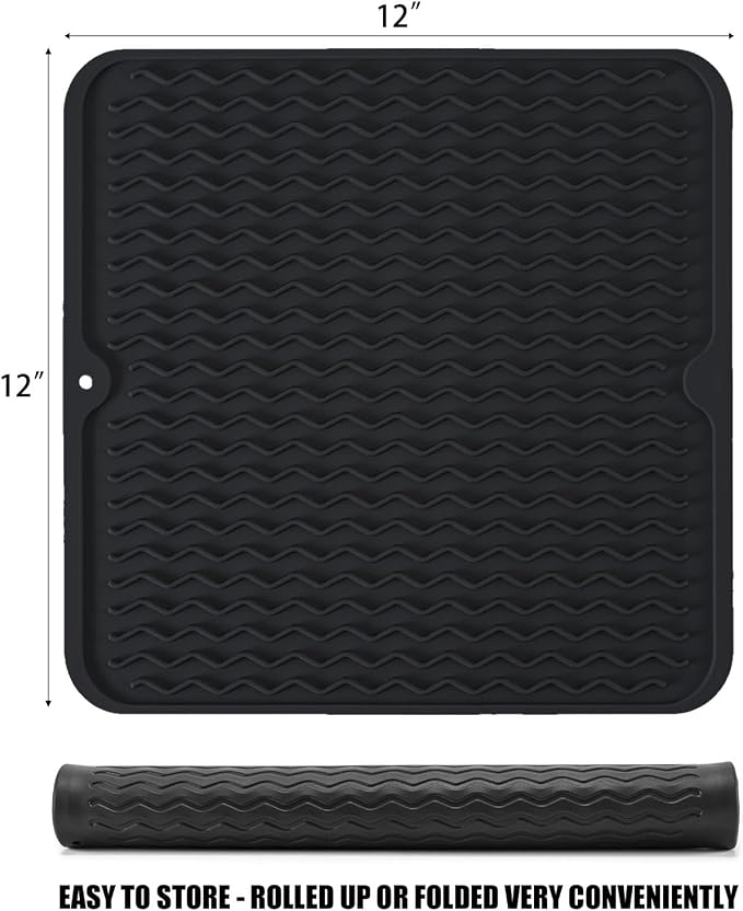 Silicone Dish Drying Mat, Non-Slip Easy Clean Sink Mat Large Heat-resistant Dish Drainer Mat for Kitchen Counter, Sink, Refrigerator or Drawer liner (12" x 12", BLACK)