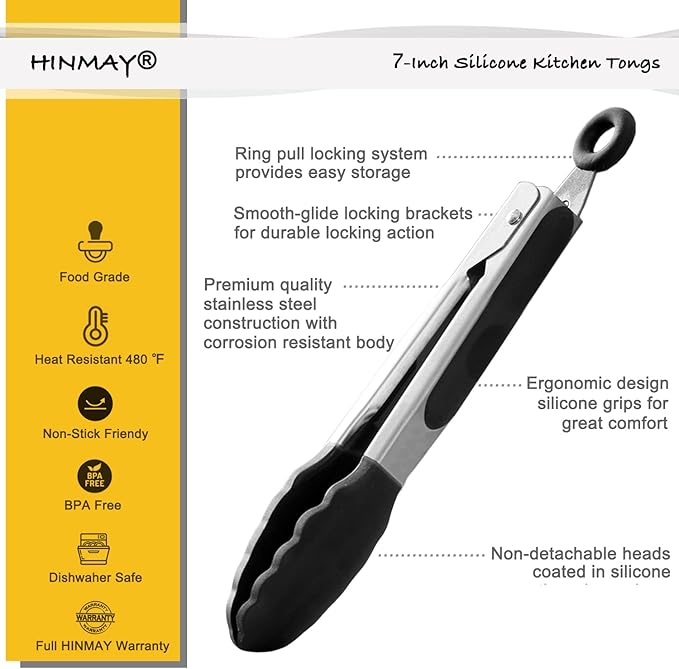 HINMAY Mini Tongs with Silicone Tips 7-Inch Kitchen Tongs, Set of 3 (Black)