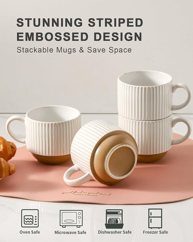 HASENSE 15 oz Ribbed Stackable Ceramic Coffee Mug Set of 4, White & Light Brown Cups with Metal Holder, Dishwasher & Microwave Safe for Cappuccino Tea Hot Cocoa, Wedding Housewarming Gifts