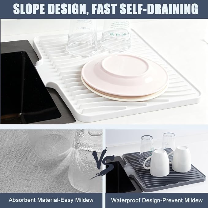 Silicone Dish Drying Mat for Kitchen Counter, White-1pcs, 16" x 13" | Heat Resistant & Non-Slip Dish Drain Pad with Built-In Drain, Dishwasher Safe, Quick-Dry, Hangable & Roll-Up for Storage