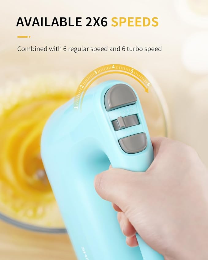 SHARDOR Hand Mixer Electric, 6 Speed & Turbo Mixer Electric Handheld, Snap-On Storage Case,5 Stainless Steel Accessories for Whipping, Mixing Cookies, Brownie, Cakes, Dough Batters (Blue)