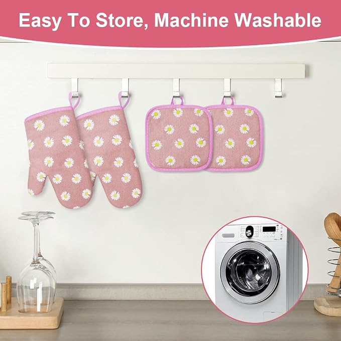 AUAUY Oven Mitts and Potholders, BBQ Gloves Heat Resistant, 1 Pair Oven Mitts and 2 Pot Holders, Cotton Non-Slip Cooking Gloves for Cooking Baking Kitchen Microwave Pizza(Daisy-Pink) | Cooking Gloves and Hot Pads Baking Mittens, Grilling Gloves BBQ Glo...