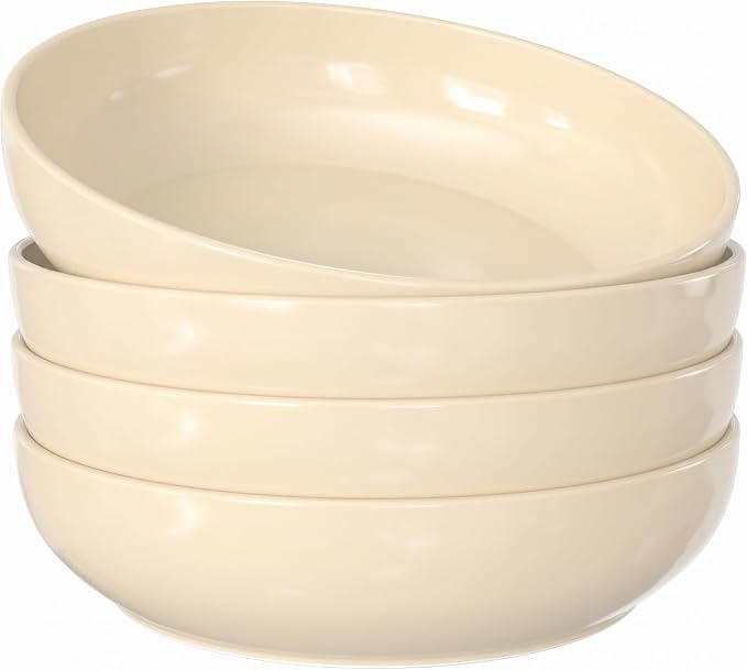 KooK Porcelain Pasta Bowl Set, For Soups and Salads, Serving Bowls, Large Capacity, Microwave & Dishwasher Safe, Set of 4, 40 oz, Ivory