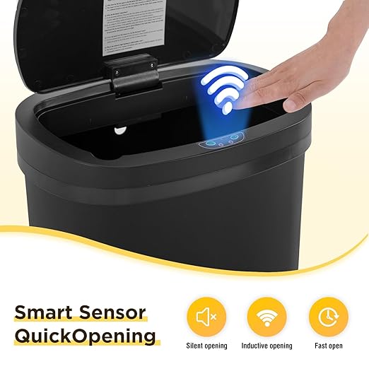 BestOffice | 13 Gallon Plastic Trash Can with Lid | Dark Black | Automatic Touchless Garbage Can | Odor Control | Modern Oval Design | Easy to Clean | For Kitchen, Bathroom, Office or Home