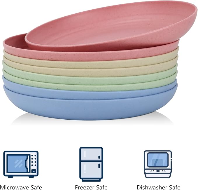 Unbreakable Deep Dinner Plates Wheat Straw Plates Sets Microwave and Dishwasher Safe Plastic Plates for Kitchen, Camping, Picnic, 8 PCS Lightweight Plate for Dessert (Fresh Light, 10 inch)