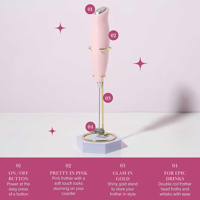Paris Hilton Electric Handheld Milk Frother with Double Coil Head Whisk and Gold Metal Stand, Battery Powered (2 AA Batteries Required but Not Included), Pink