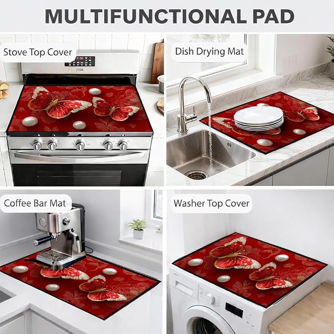 Butterfly Rose Stove Top Cover 28.35x20.47 in Non Slip Mat | Heat Resistant Cooktop Protector Mat with Non-Slip Backing, Scratch Protection and Countertop Drying Mat.