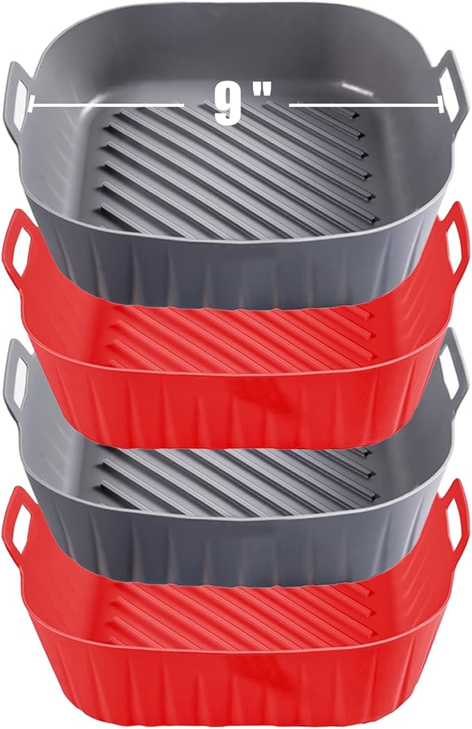 Golden Associate Silicone Liners Square for Air Fryer, 4 Pcs Non-stick Food-grade Reusable Basket Silicone Pot Baking Tray Airfryer Accessories, Top Size 9 inches, Bottom Size 8 inches