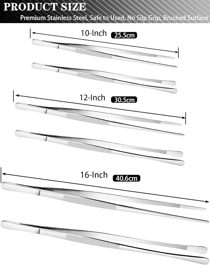 JETKONG 2 Pcs 10-Inch Cooking Tweezers Stainless Steel, Straight Food Tweezers, Professional Kitchen Forceps for Cooking Repairing and BBQ (Silver)