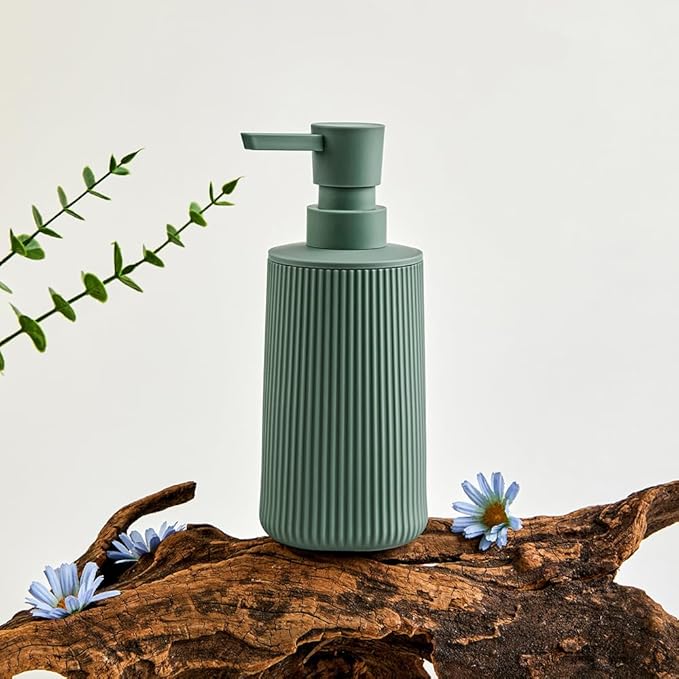 YAUKPH Small Soap Dispenser for Bathroom and Kitchen Matte Green | Modern Farmhouse Striped Style Plastic Hand Soap Dish Soap Dispenser with Pump