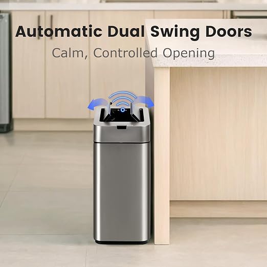SYNCVIBE Slim Bathroom Trash Can, 2.6 Gallon, Butterfly Sensor Lid, Silver | Stainless Steel Garbage Can, Automatic Trash Bin, IPX5 Waterproof Wastebasket for Under Counter and Small Spaces