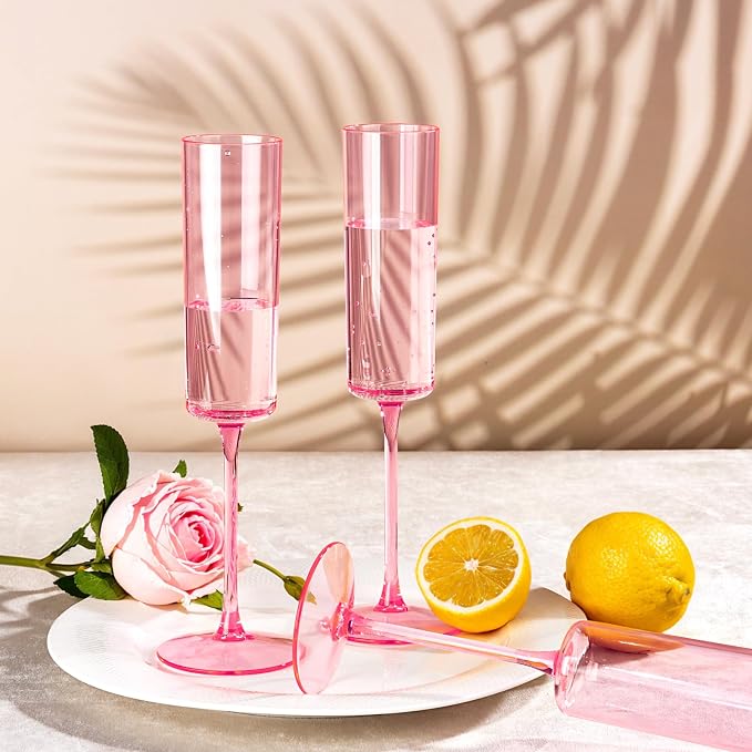 Ciaell 24 Pack Pink Plastic Champagne Flutes for Weddings Birthdays | 6 oz Pink Square Toasting Cups, Heavy Duty Plastic, Champagne Wine Mimosas Cocktails for Anniversaries Parties Baby Showers