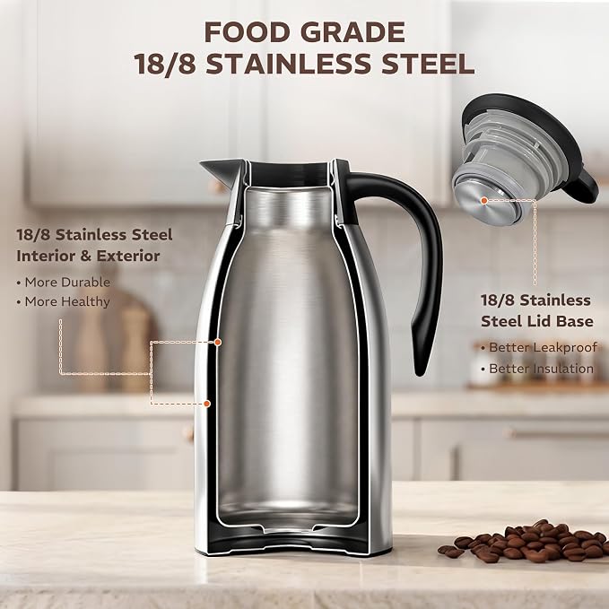 Thermal Coffee Carafe for Keeping Hot – 68OZ Insulated Camping Coffee Pot | 304 Stainless Steel Coffee Flask, Tea Pitcher for Hot Drinks Liquid Water, Insulated Beverage Dispenser for Parties