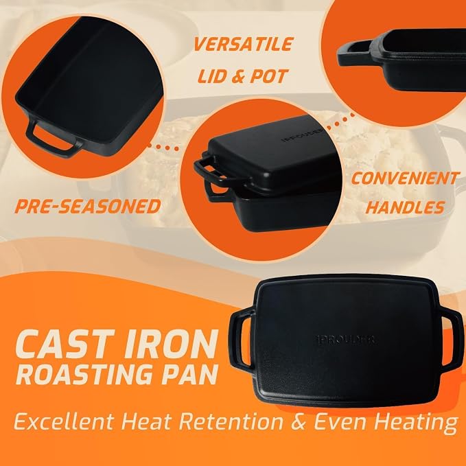 2-in-1 Pre-Seasoned Cast Iron Casserole Dish with Lid, Rectangular Dutch Oven, Cast Iron Roasting Pan&Baking Dish for Lasagna, Sourdough Bread, 13"x9"