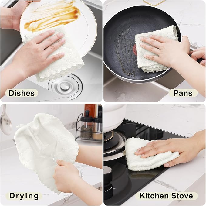 Homaxy 12 Pack Super Soft & Absorbent Dish Cloths, 10" x 10", White | Coral Velvet, Nonstick Oil Fast Drying Microfiber Cleaning Cloth, No Lint Household Dishcloths