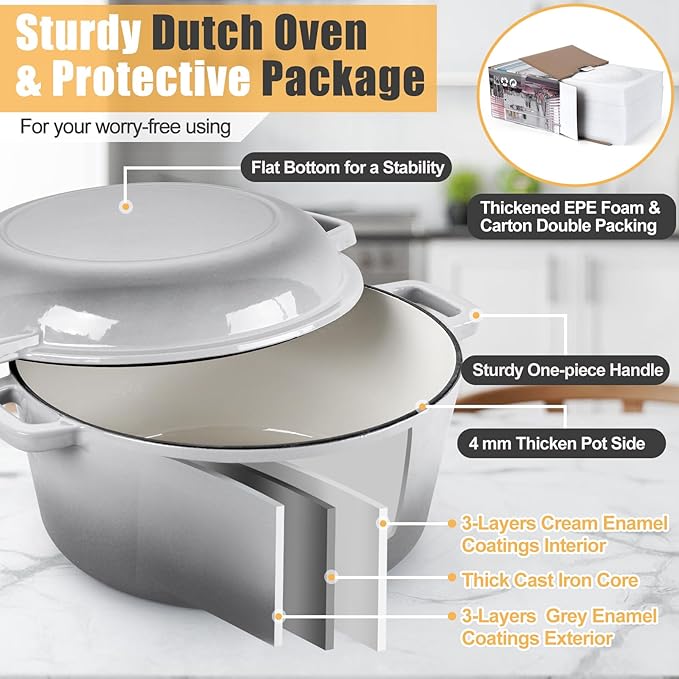 P&P CHEF 2 In 1 Gray Dutch Oven Pot with Lid for Bread Baking, 5Qt | Cast Iron Bread Dutch Oven, Skillet & Pot for Roasting Braising Stewing Frying Simmering, Multi Stoves & Oven Safe