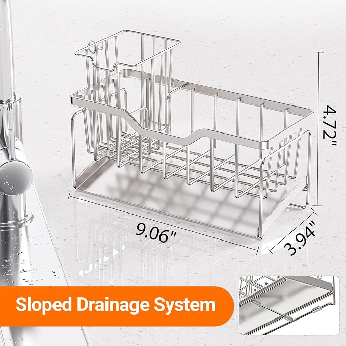 StorageRight Sponge Holder for Kitchen Sink, Sink Caddy Organizer, Silver | Rustproof Kitchen Sink Organizers with High Brush Holder & Self Drain Tray, Anti-Slip Kitchen Countertop Storage Essentials