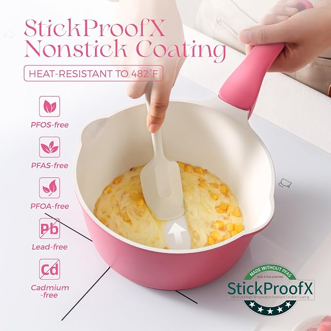 PRICUSIS Ceramic Nonstick Saucepan with Lid, 2 Quart Non Toxic Pot with Pour Spouts, Full Coated, 100% Dishwasher Safe, Induction Compatible, PTFE PFAS & PFOA Free, Raspberry Red