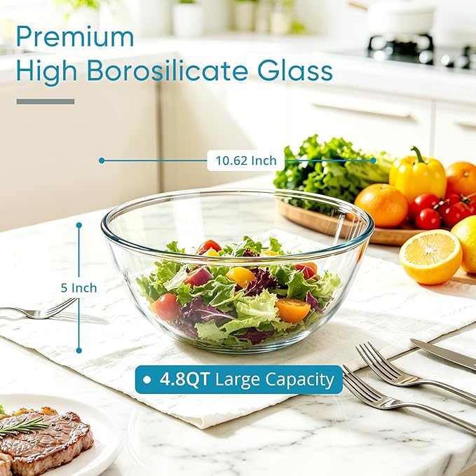 E-far Glass Mixing Bowl with Airtight Lid, 4.8QT Large Clear Glass Bowl for Salad, Sourdough Bread Making, Prep, Serving, Storage, Non-toxic & Leak-proof, Microwave, Dishwasher, Oven & Fridge Safe