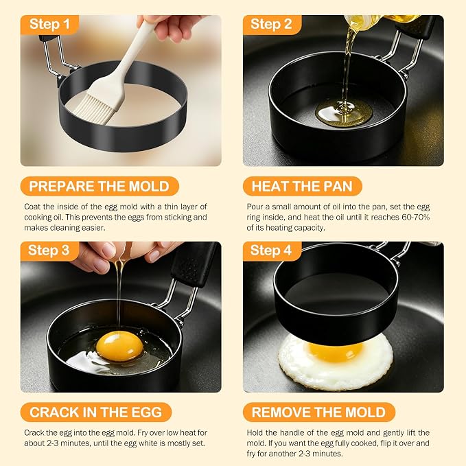 NileHome 3.5" Nonstick Egg Rings Set of 4,Black | BPA-free,Dishwasher safe,Foldable Handle,Perfect Food Shaping,Ideal for Making Hamburgers, Fried Eggs, English Muffins